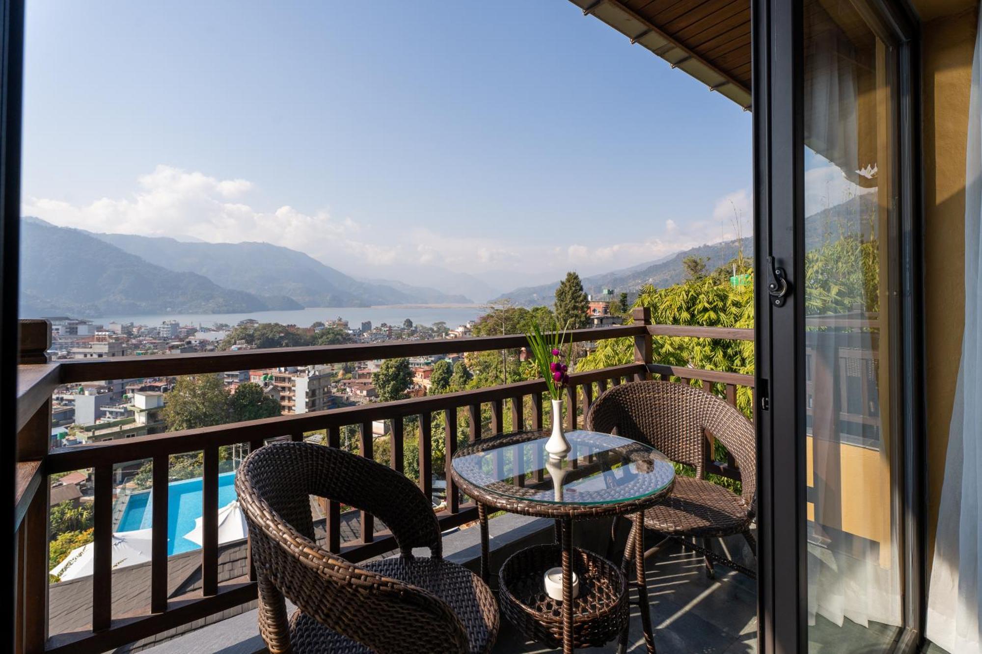 Bar Peepal Resort Pokhara Ngoại thất bức ảnh A view of Lake Biwa from a guest room